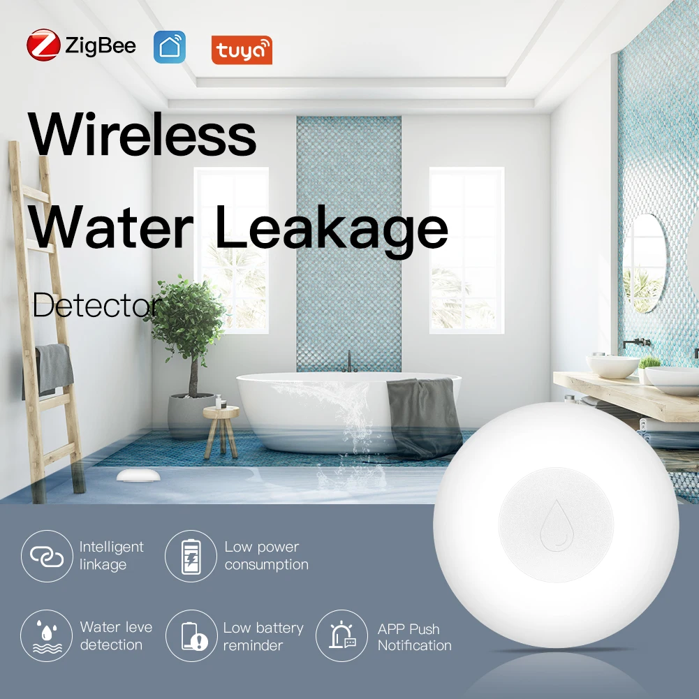 ZigBee Flood Sensor Water Leakage Detector Water Tank Full Alert Overflow Security Alarm System Tuya Smart App Remote Control