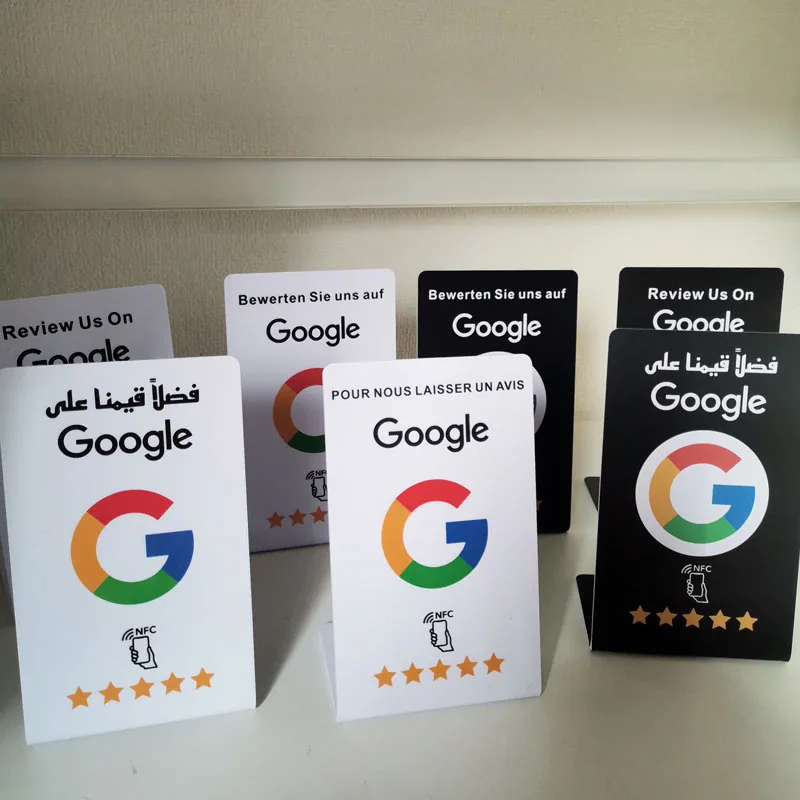 German French Arabic Italian Spanish Portuguese Hebrew Writing Google Reviews NFC Stand Tap URL Social Business Review Cards
