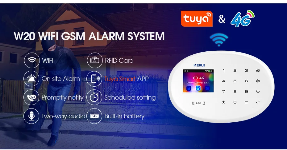 KERUI W204 4G WIFI GSM Alarm System Touch Panel Home Security Tuya Smart RIFD APP Remote Control Burglar PIR Door Sensor Siren