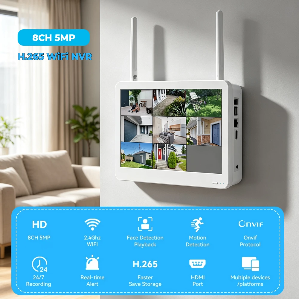 8CH 5MP Wifi NVR with 12 Inch Monitor H.265 Onvif XMeye Network Video Recorder For Wireless Security System Face Detection 24/7