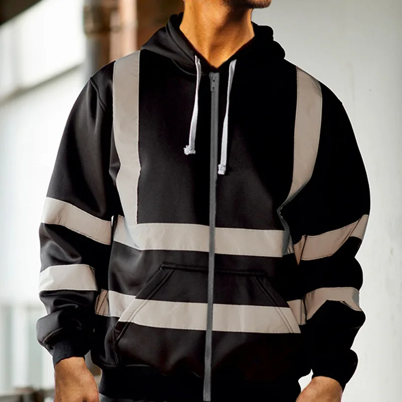 Autumn And Winter Hooded Sweatshirt With Reflective Strips, Sanitation Work Clothes, Fleece Color Matching Zipper Sweatshirt