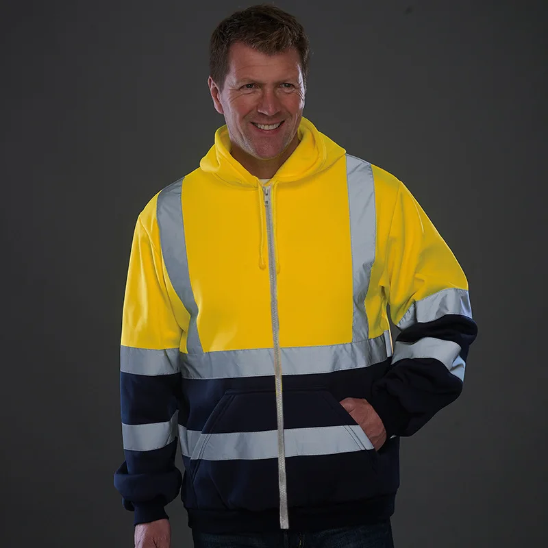 Autumn And Winter Hooded Sweatshirt With Reflective Strips, Sanitation Work Clothes, Fleece Color Matching Zipper Sweatshirt
