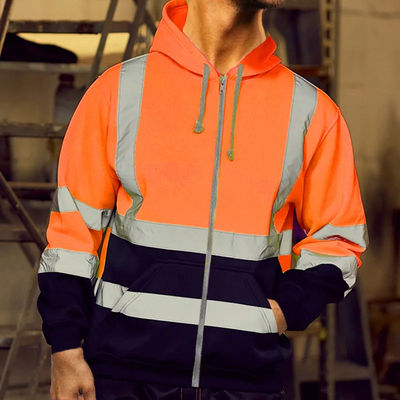 Autumn And Winter Hooded Sweatshirt With Reflective Strips, Sanitation Work Clothes, Fleece Color Matching Zipper Sweatshirt