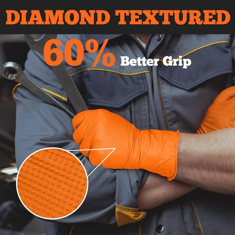 Heavy Duty Orange Nitrile Gloves 8Mil Industrial Disposable Gloves with Diamond Textured Grip for Mechanic Safety & Work Gloves