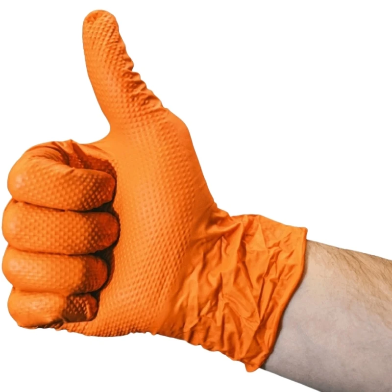 Heavy Duty Orange Nitrile Gloves 8Mil Industrial Disposable Gloves with Diamond Textured Grip for Mechanic Safety & Work Gloves