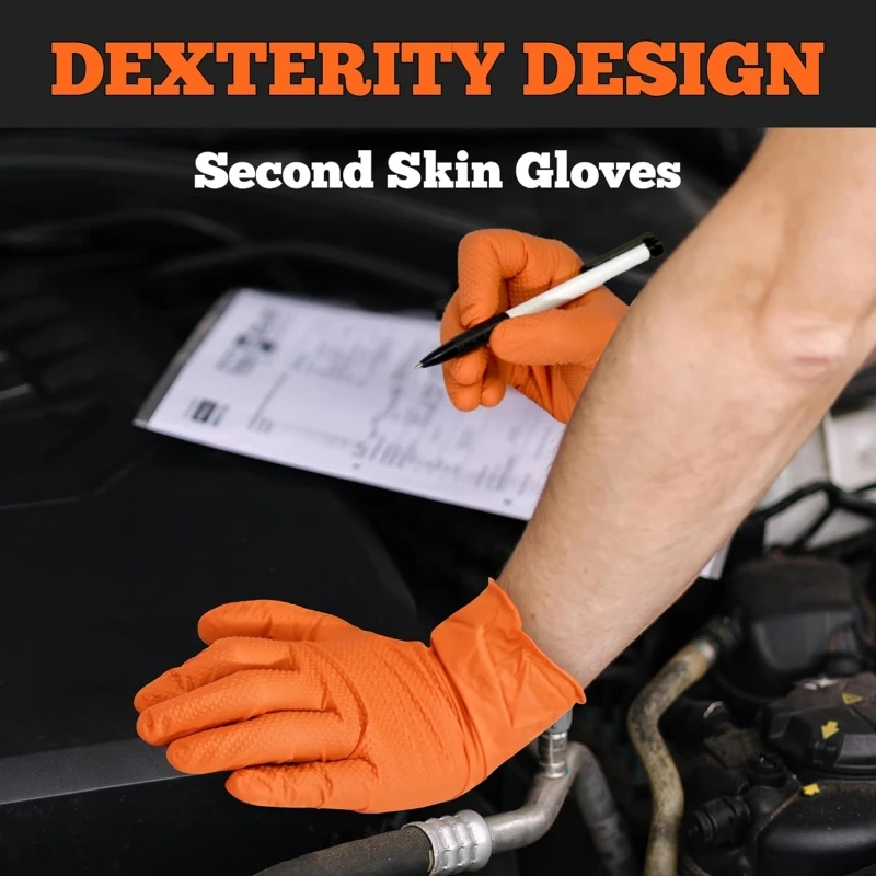 Heavy Duty Orange Nitrile Gloves 8Mil Industrial Disposable Gloves with Diamond Textured Grip for Mechanic Safety & Work Gloves