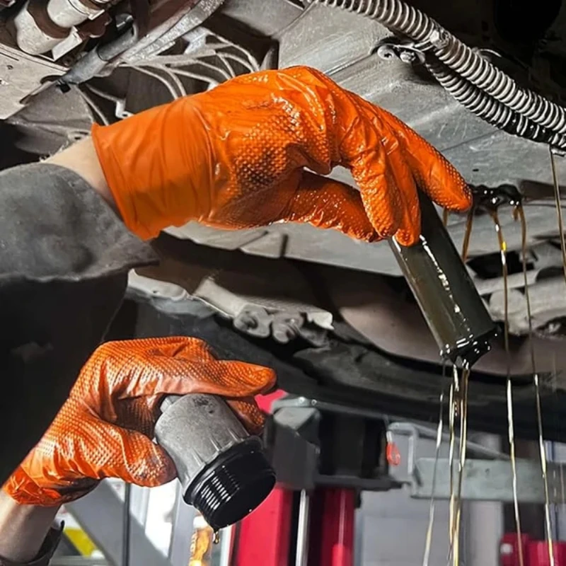Heavy Duty Orange Nitrile Gloves 8Mil Industrial Disposable Gloves with Diamond Textured Grip for Mechanic Safety & Work Gloves