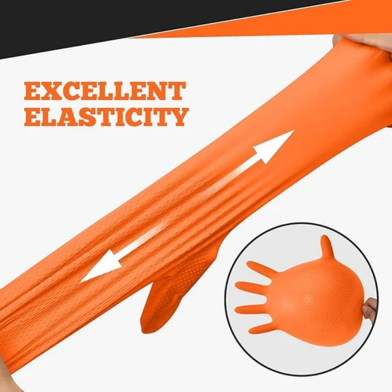 Heavy Duty Orange Nitrile Gloves 8Mil Industrial Disposable Gloves with Diamond Textured Grip for Mechanic Safety & Work Gloves