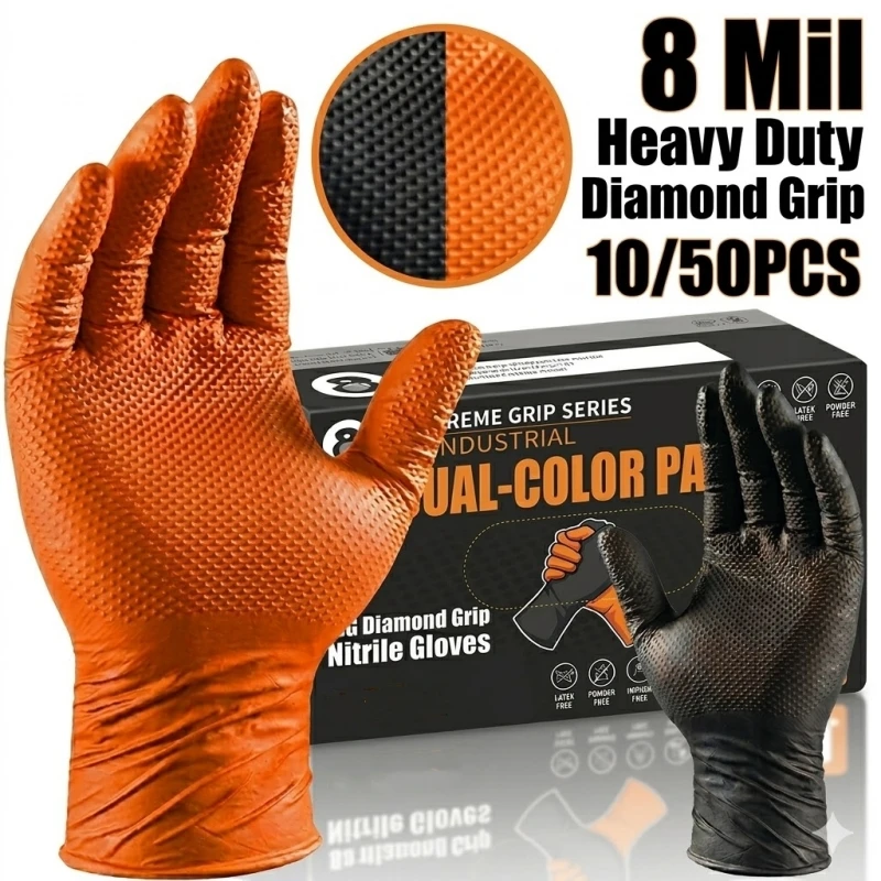 Heavy Duty Orange Nitrile Gloves 8Mil Industrial Disposable Gloves with Diamond Textured Grip for Mechanic Safety & Work Gloves
