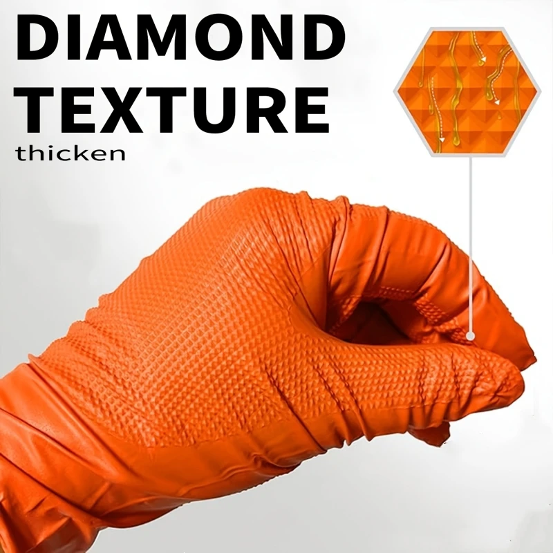 Heavy Duty Orange Nitrile Gloves 8Mil Industrial Disposable Gloves with Diamond Textured Grip for Mechanic Safety & Work Gloves