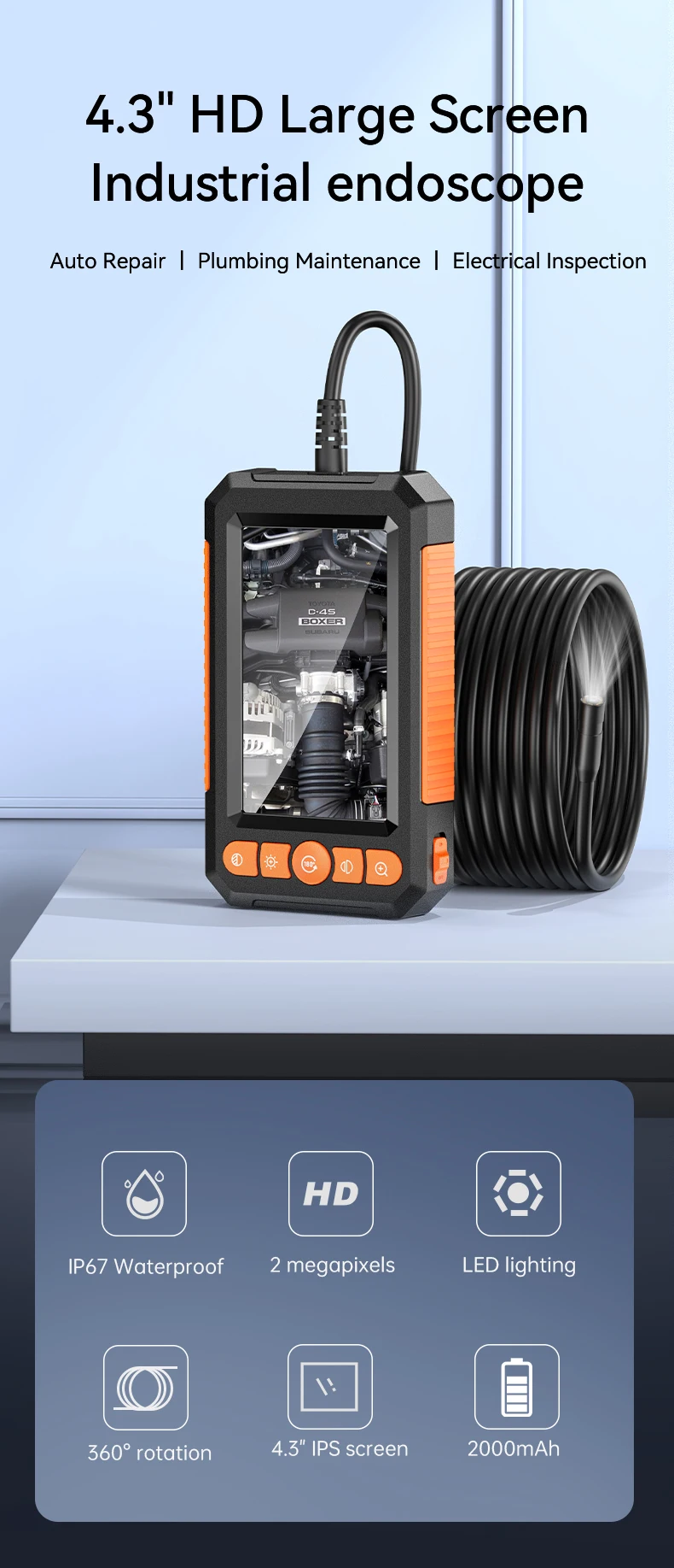 KERUI 10/20/30M Industrial Endoscope Camera 4.3 "Single Dual Lens HD 1080P Car Inspection Borescope IP67 Waterproof Sewer Camera