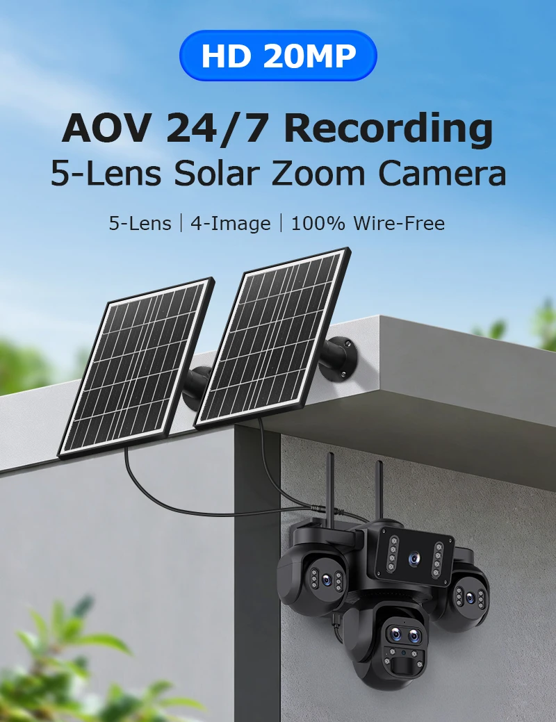 SHIWOJIA 20MP 10X ZOOM Camara Solar 4G SIM 5 Lens 4 Screens Security Protection 360° Auto Tracking Home Surveillance Systems