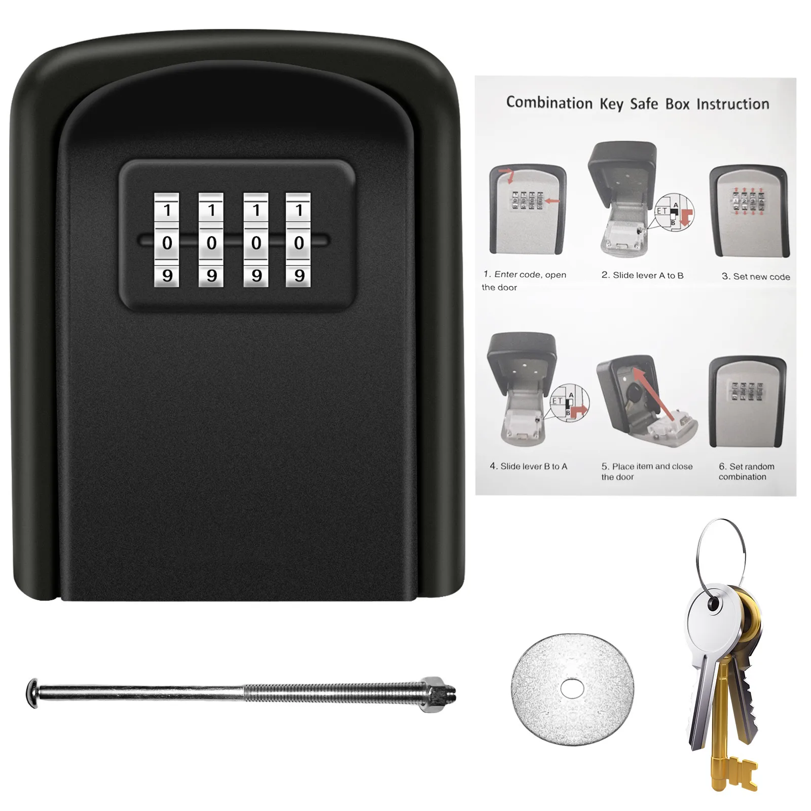 Black/Gold/Silver Metal Key Lock Box Outdoor Wall Mounted Key Holder Organizer 4 Digit Combination Security Storage Secret Box