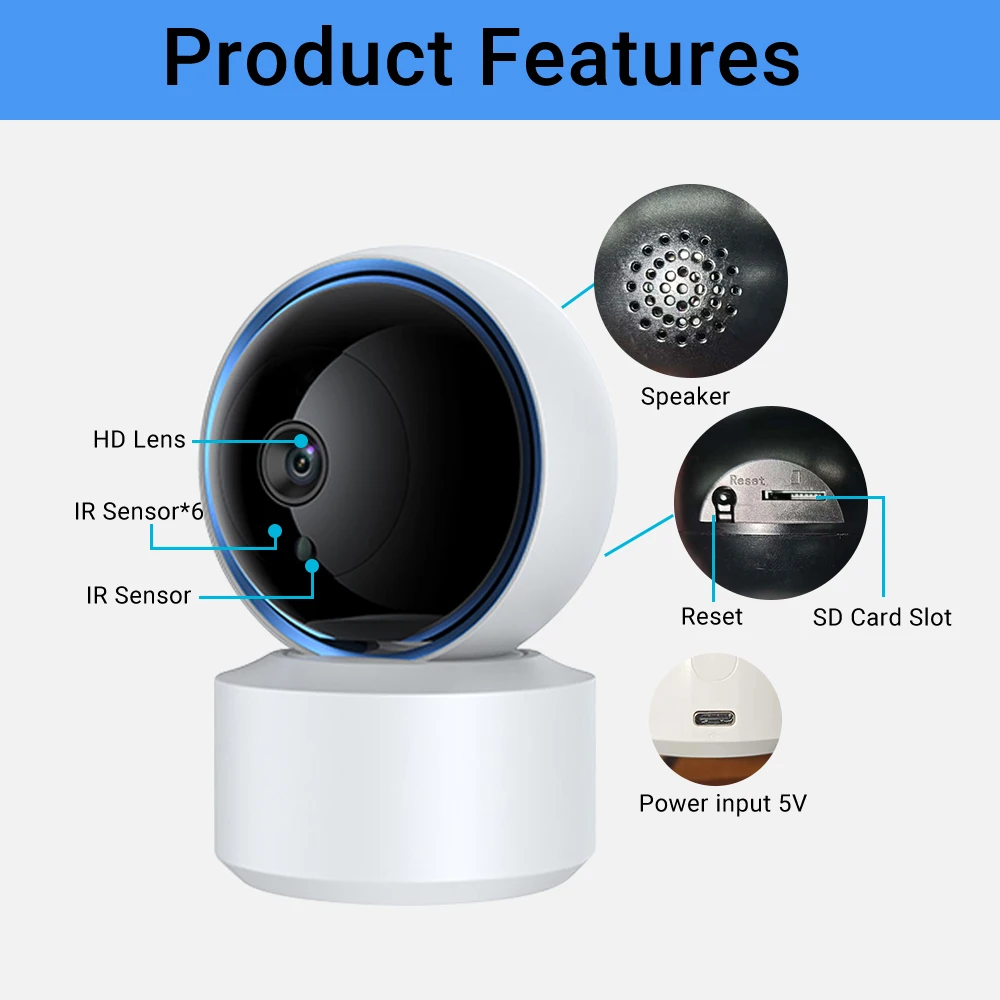 Tuya 5MP WiFi IP Camera Baby Monitor 360° PTZ Motion Detection 2 Way Audio Night Vision Supports TCP/IP/ONVIF Private Protocol
