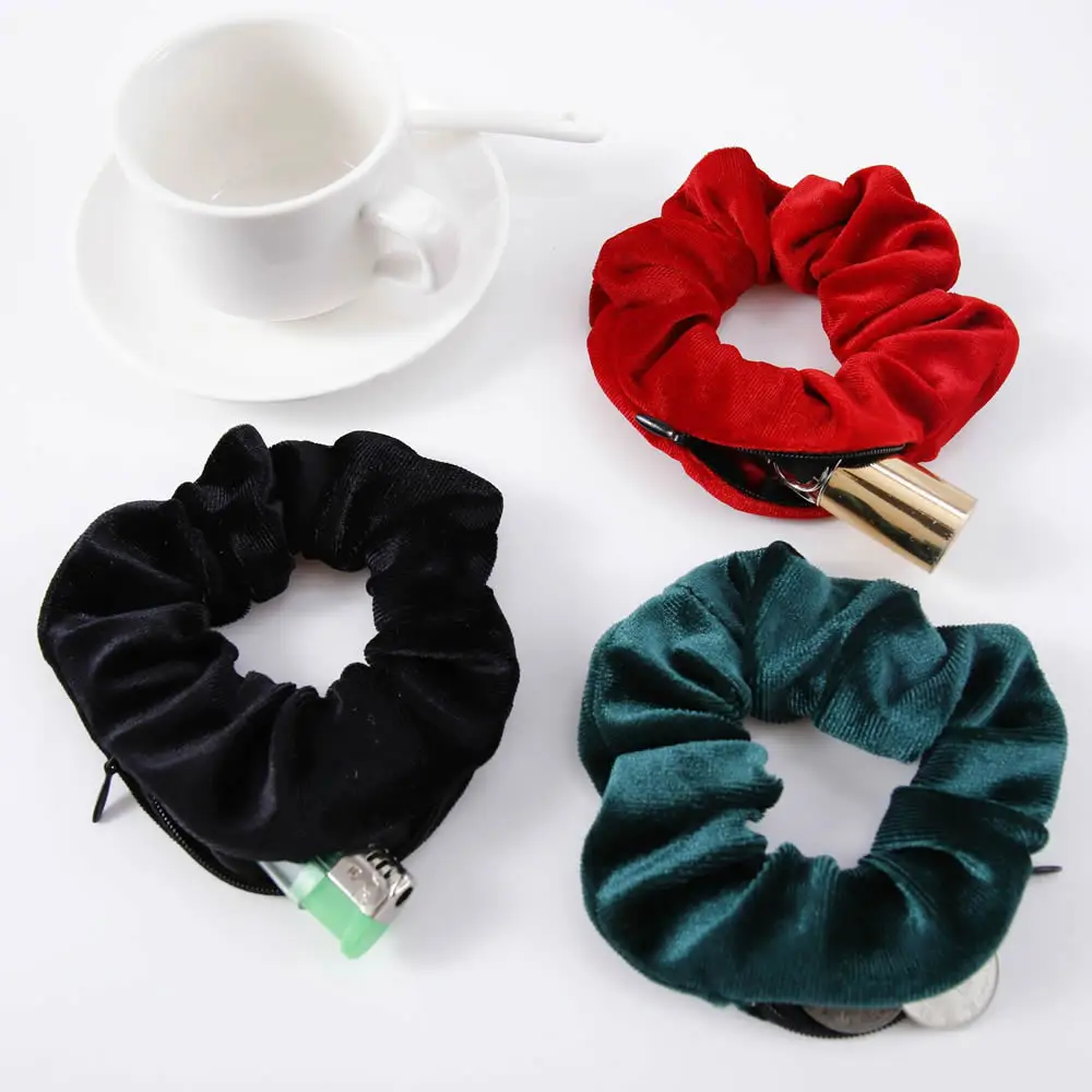 Portable Hidden Safe Sight Secret Hair Tie Storage Case Hair Scrunchie With Zipper Hide Key Cash Jewelry For Travel Outdoor