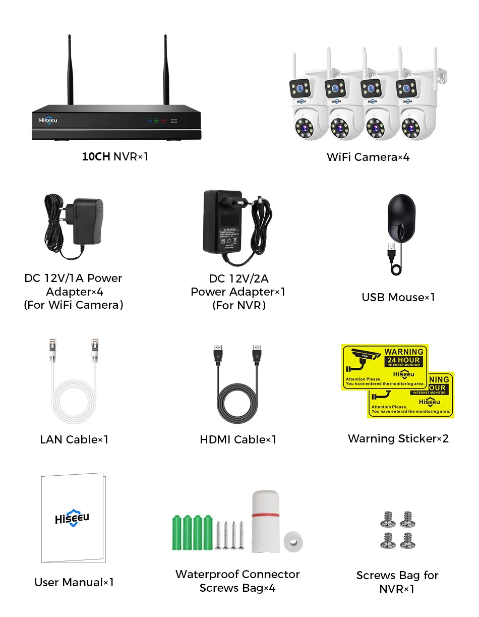 Hiseeu 3K 6MP Dual Lens WiFi CCTV Surveillance Kit Automatic Tracking Color Night Vision P2P 10CH NVR IP Cameras Security System