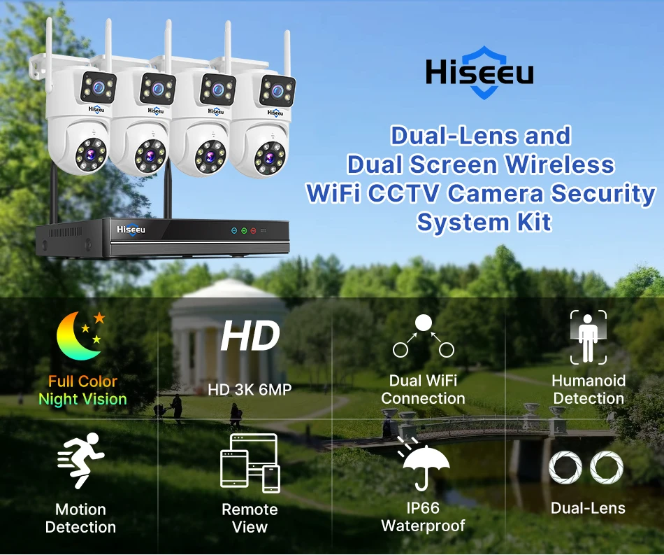 Hiseeu 3K 6MP Dual Lens WiFi CCTV Surveillance Kit Automatic Tracking Color Night Vision P2P 10CH NVR IP Cameras Security System