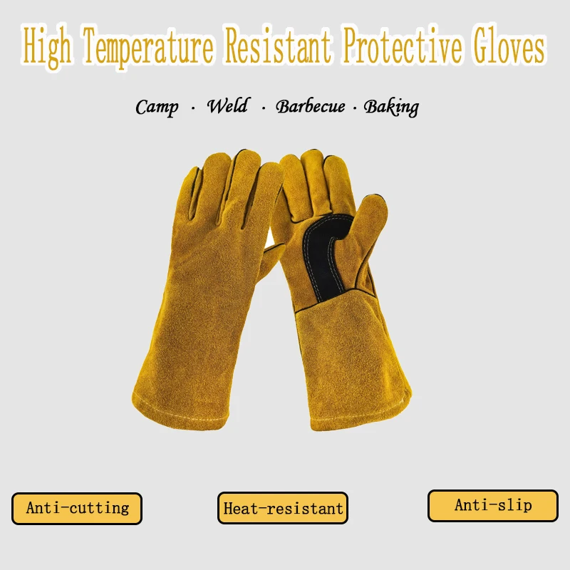 Leather Flame Retardant Gloves,방염장갑,Welding Gloves Heat Insulation Anti-cut Woodstove Fireplace Barbecue Baking Camping 용접