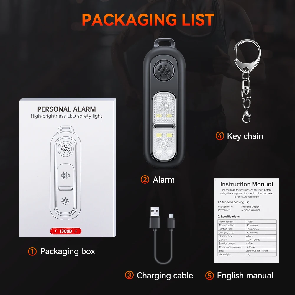 Hollarm Personal Safety Alarm Keychain 130dB for Women USB Rechargeable Protection Emergency LED Light Alarm for night running