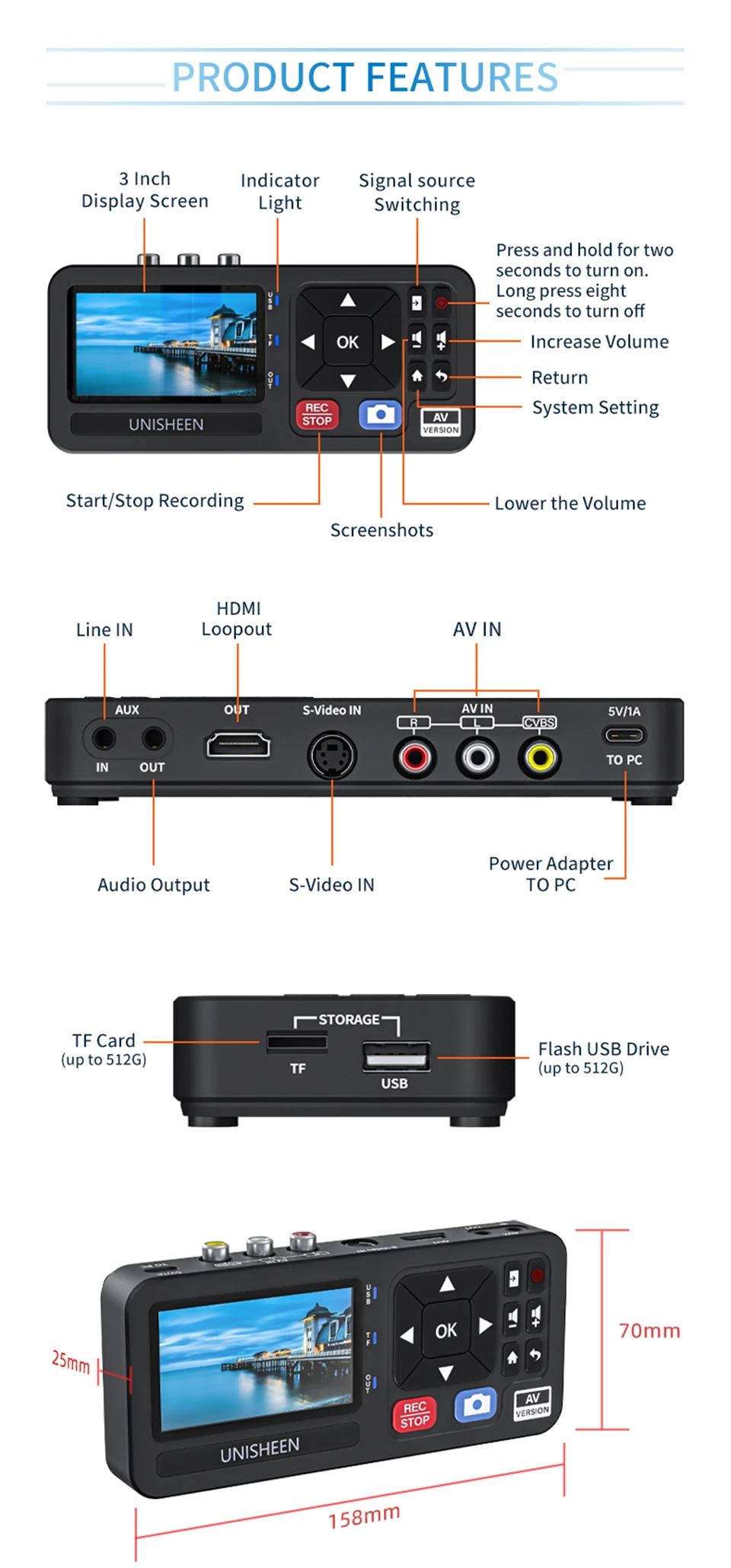 UNISHEEN Old Camcorder Converter Casette MP3 Reel Mini Small VHS Tape to Flash Digital Video Camera Recorder with 3" Screen