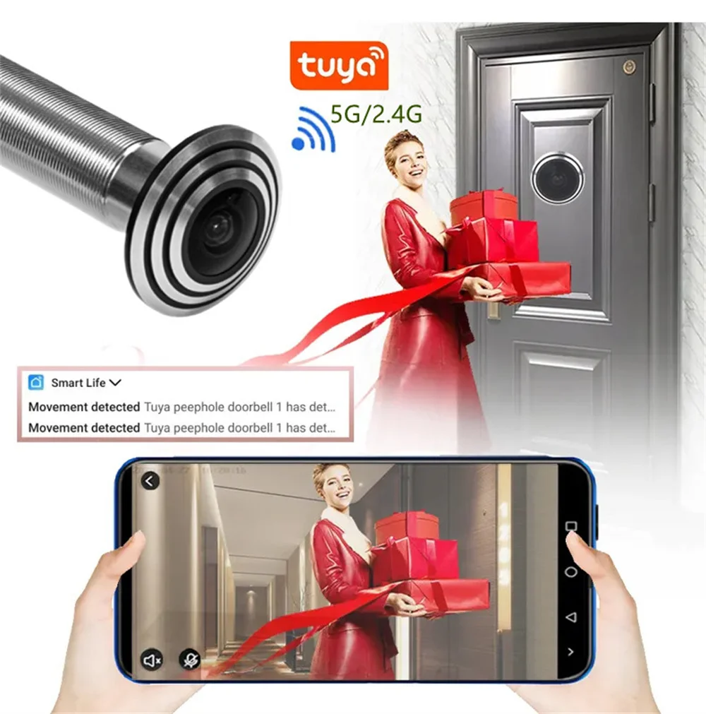 5G 2.4G WIFI 16MM Tuya Wifi Door Eye Camera Mini Peephole Door WifI IP Camera 1.66MM Wide Angle FishEye Audio TF Card Slot