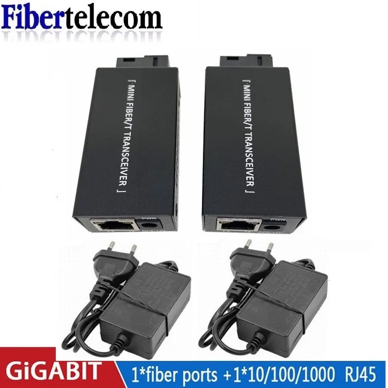 1Pair Mini Gigabit Fiber Optical Media Converter 100/1000Mbps Optic Transceiver SC to RJ45 Ethernet Switch 20Km With EU Power