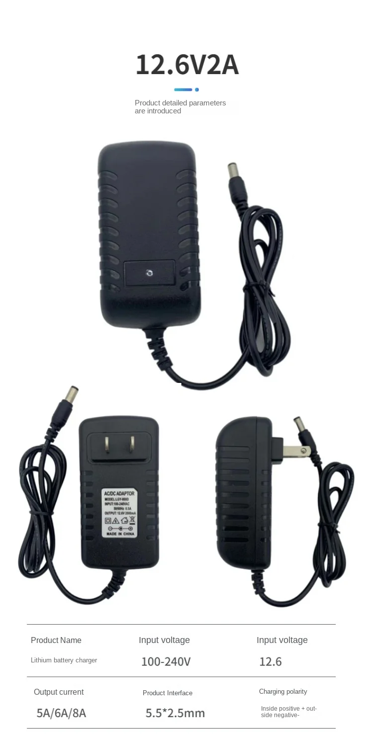 12.6V 3A Lithium Battery Charger 3 Series Lithium Battery 12V DC Battery Charger 5.5 X 2.5mm + AC Power Cable 50/60 Hz