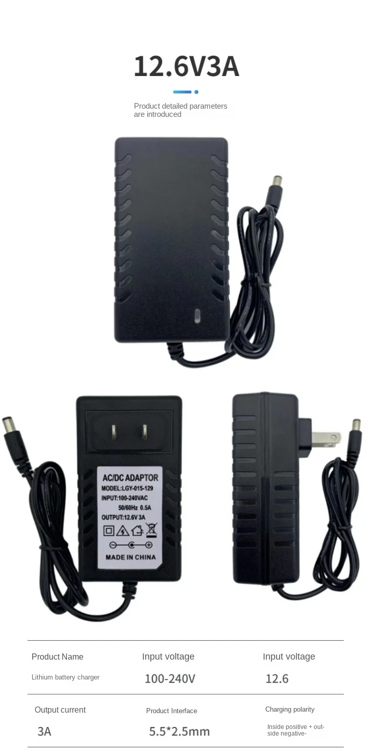 12.6V 3A Lithium Battery Charger 3 Series Lithium Battery 12V DC Battery Charger 5.5 X 2.5mm + AC Power Cable 50/60 Hz