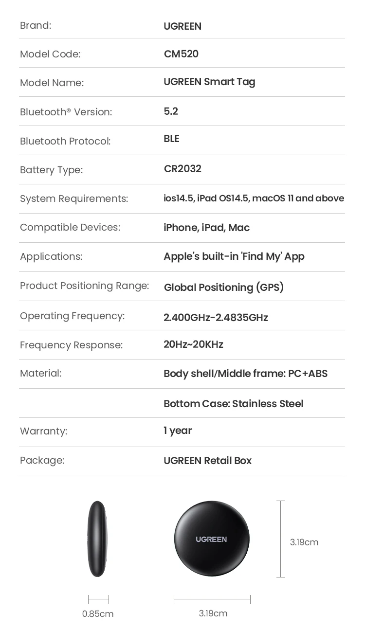 UGREEN Finder Security SmartTrack Link Smart Tag With Apple Find My Key Bluetooth GPS Tracker For Earbud Luggage MFi Finder IOS