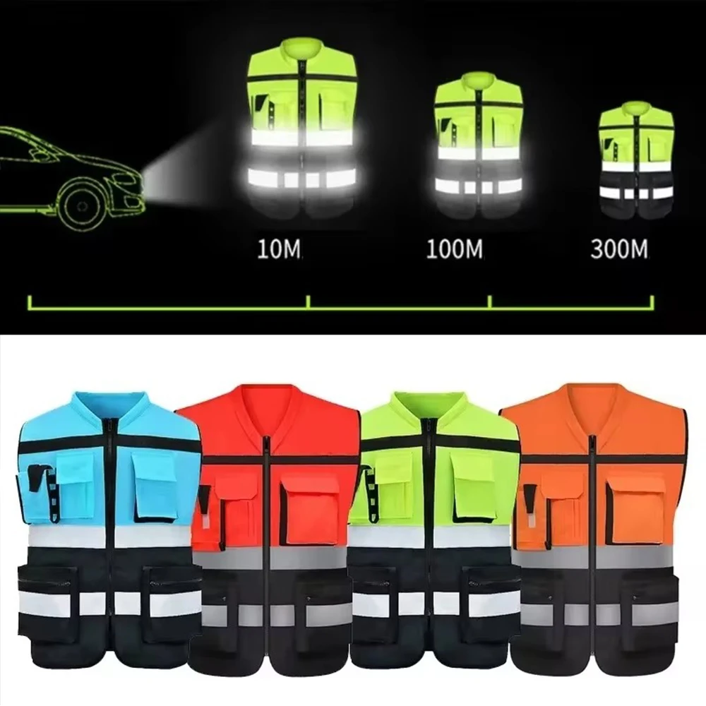 Custom Logo Safety Vest for Construction Work Two Tone High Visibillity Workwear Vest with Pockets and Zipper