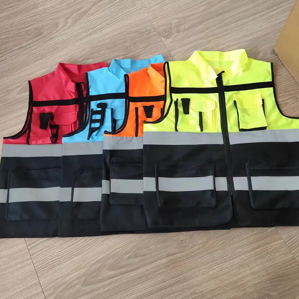 Custom Logo Safety Vest for Construction Work Two Tone High Visibillity Workwear Vest with Pockets and Zipper