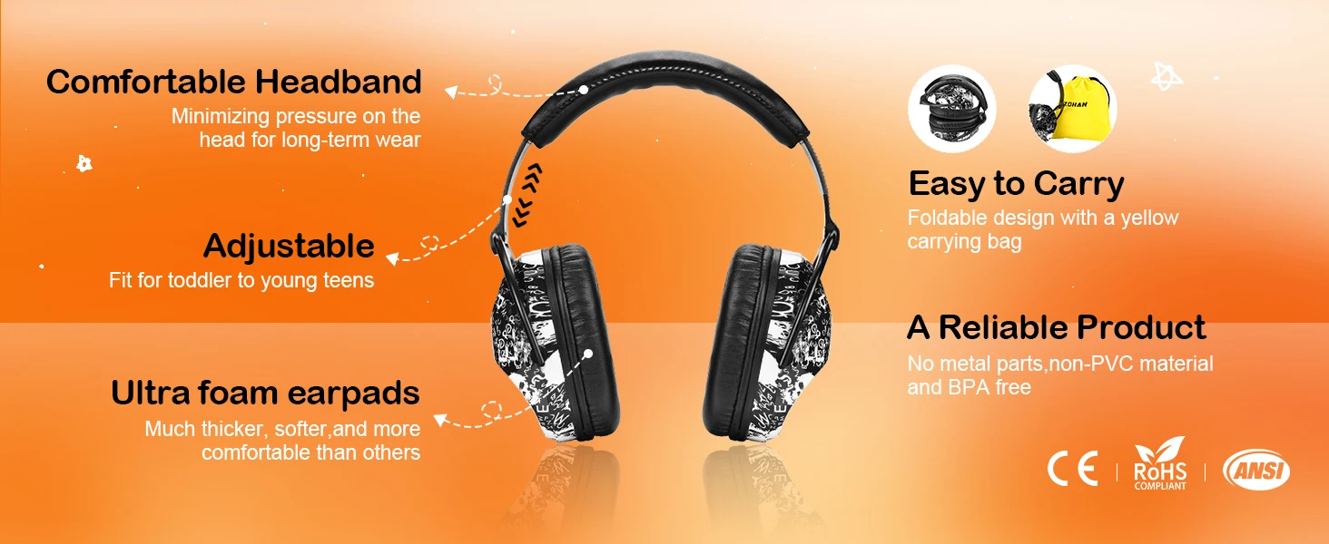 ZOHAN-Kids Hearing Protection Earmuffs, Child Noise Canceling Earmuffs for Watching Concerts, Air Shows