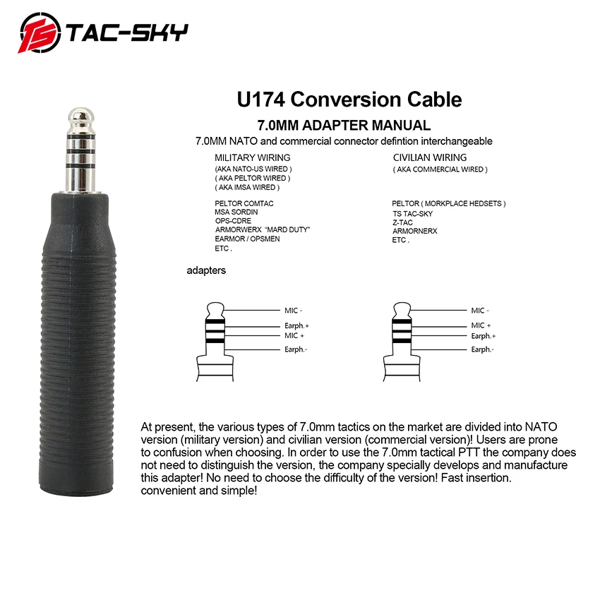 TS TAC-SKY Tactical Headset Adapter U-174 NATO/Military To Civilian Wiring Adapter for PeltorComta / Msa Sordin / TCI Hi-threat