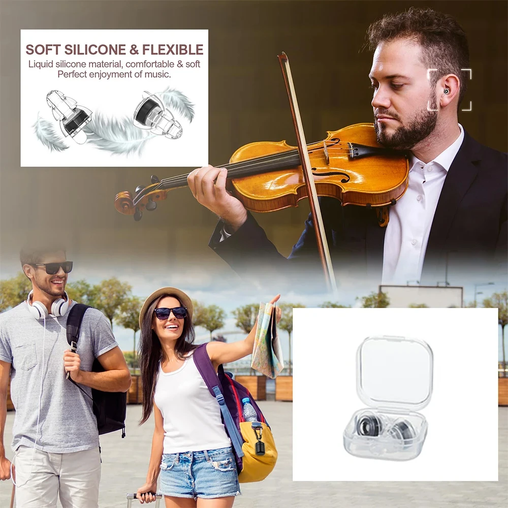 High Fidelity Silicone Earplugs - Reusable Noise Reduction Hearing Protection Ear-Plugs with Case for Concerts Musicians