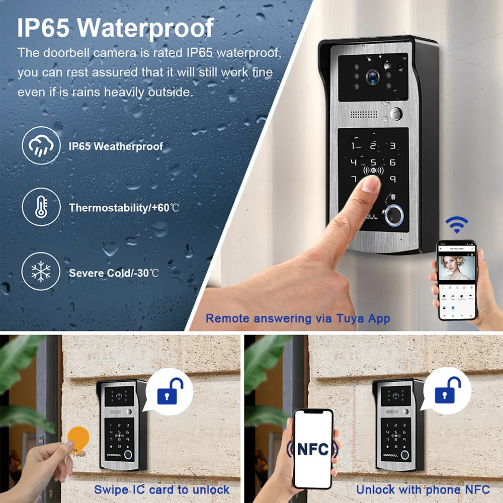 WiFi Tuya RFID Video Camera Doorbell 1080P HD Color Video Door Phone Intercom System Outdoor with Code Keypad AccessAPP Unlock