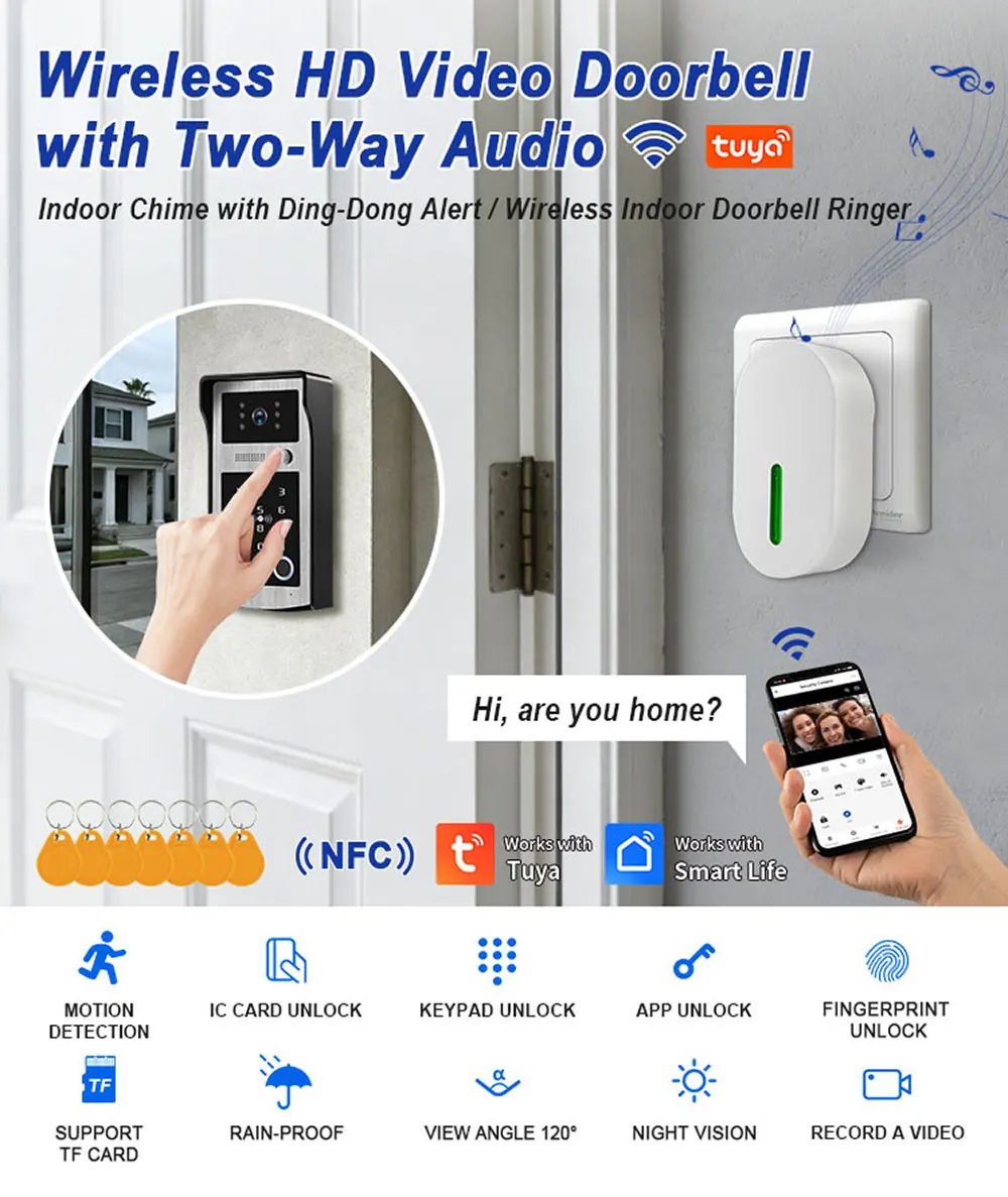 WiFi Tuya RFID Video Camera Doorbell 1080P HD Color Video Door Phone Intercom System Outdoor with Code Keypad AccessAPP Unlock