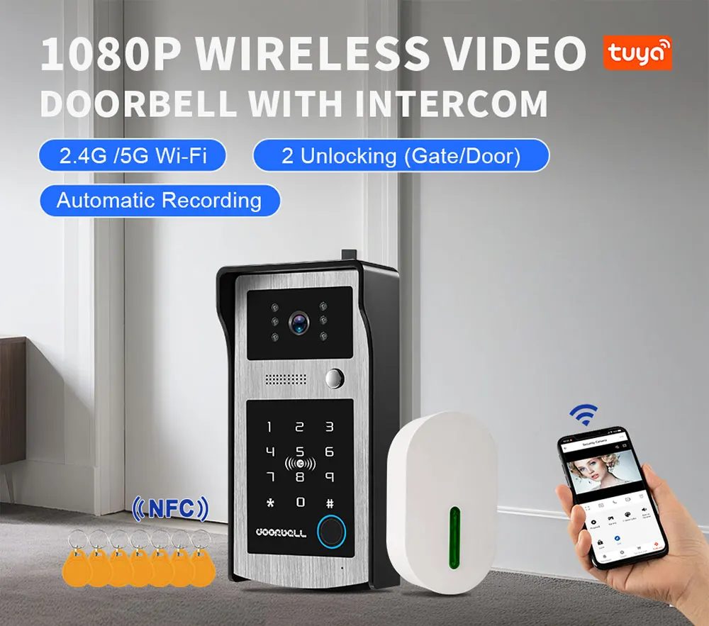 WiFi Tuya RFID Video Camera Doorbell 1080P HD Color Video Door Phone Intercom System Outdoor with Code Keypad AccessAPP Unlock