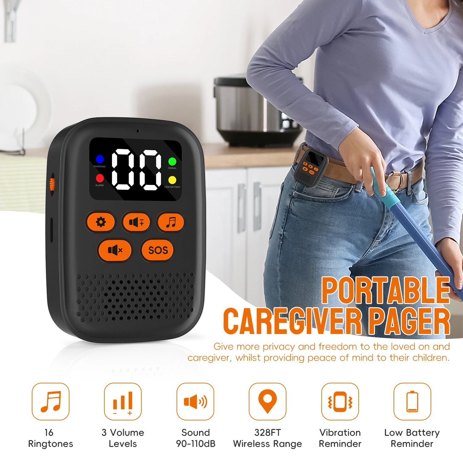 SOS Watch Caregiver Pager Wireless Medical Call Button Surveillance Elderly SOS Alarms Vibration Pager Digital Display Call Bell
