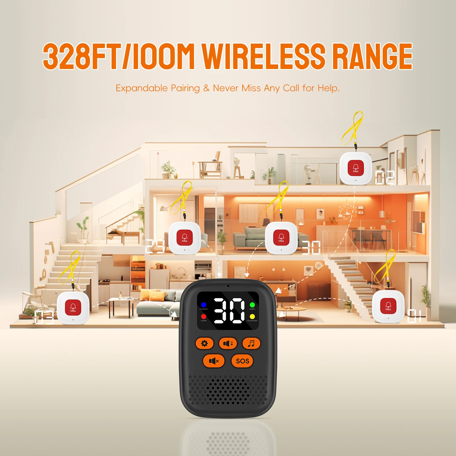 SOS Watch Caregiver Pager Wireless Medical Call Button Surveillance Elderly SOS Alarms Vibration Pager Digital Display Call Bell
