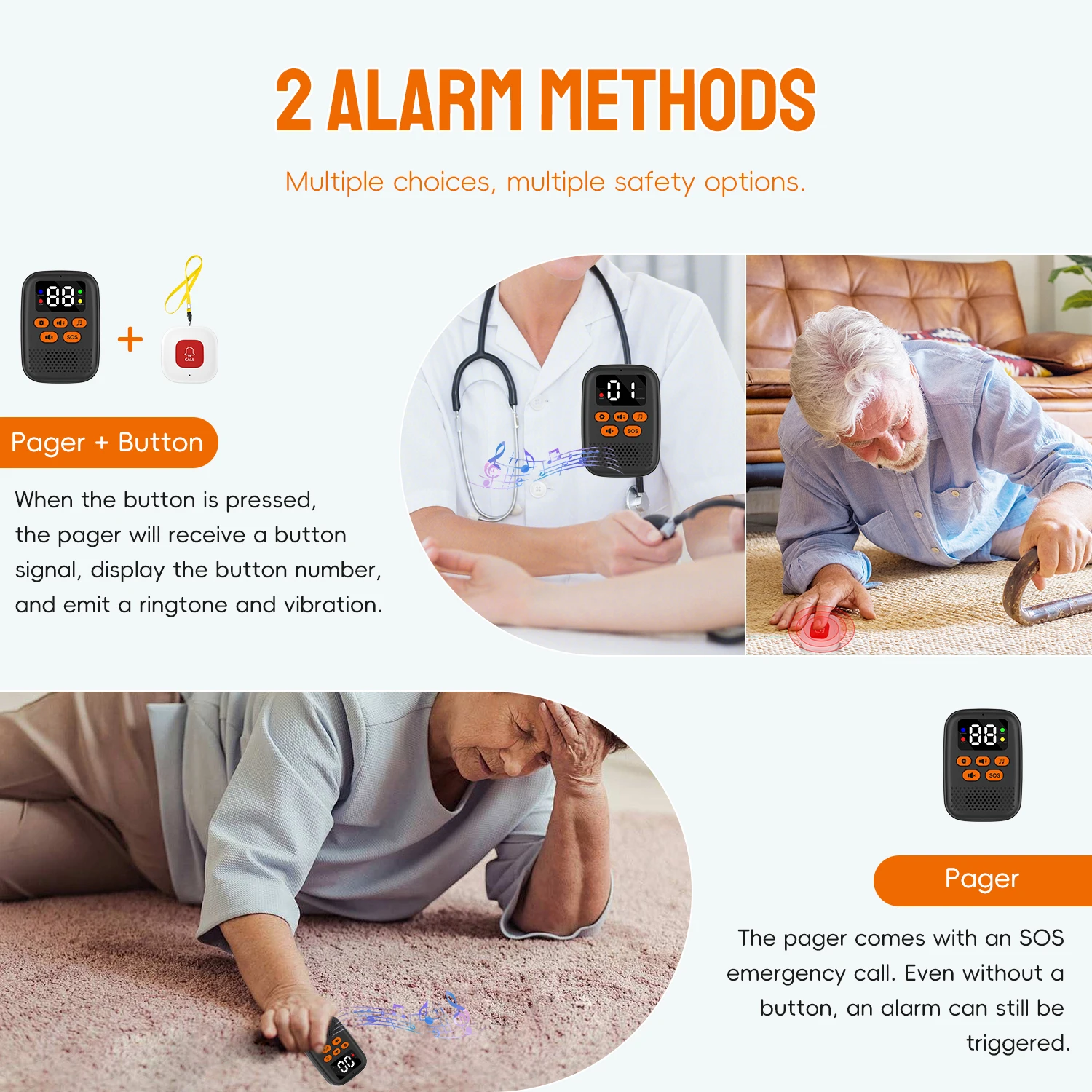 SOS Watch Caregiver Pager Wireless Medical Call Button Surveillance Elderly SOS Alarms Vibration Pager Digital Display Call Bell