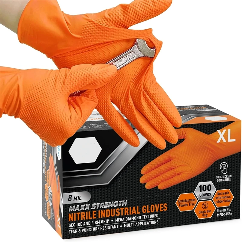 8Mil Super Duty Orange Nitrile Gloves Disposable Diamond Textured Safety Protective Work Gloves Auto Mechanic Industrial Gloves