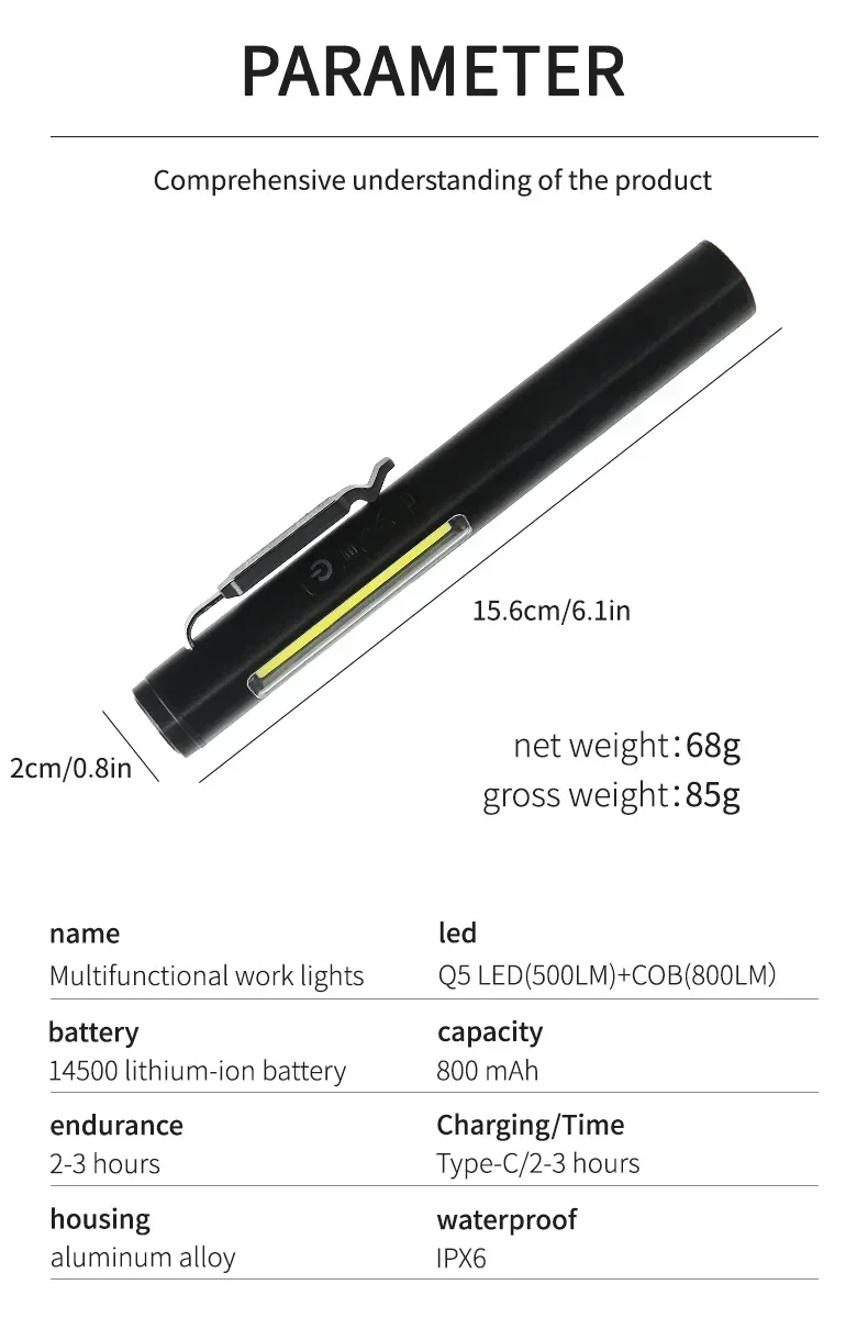 KDULIT 4 in 1 Multifunctional LED Pen Flashlight Built in 800mah Battery USB Rechargeable with Magnetism Work Repair Lantern