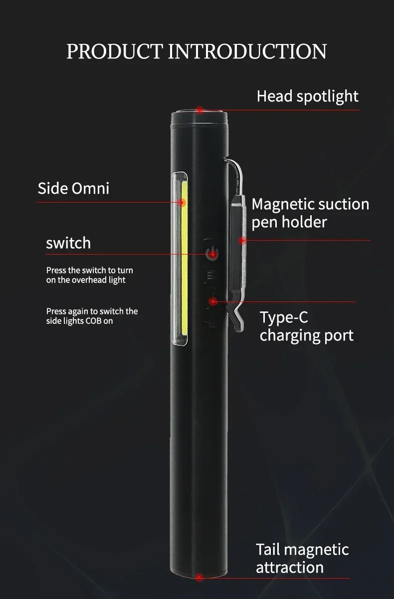 KDULIT 4 in 1 Multifunctional LED Pen Flashlight Built in 800mah Battery USB Rechargeable with Magnetism Work Repair Lantern