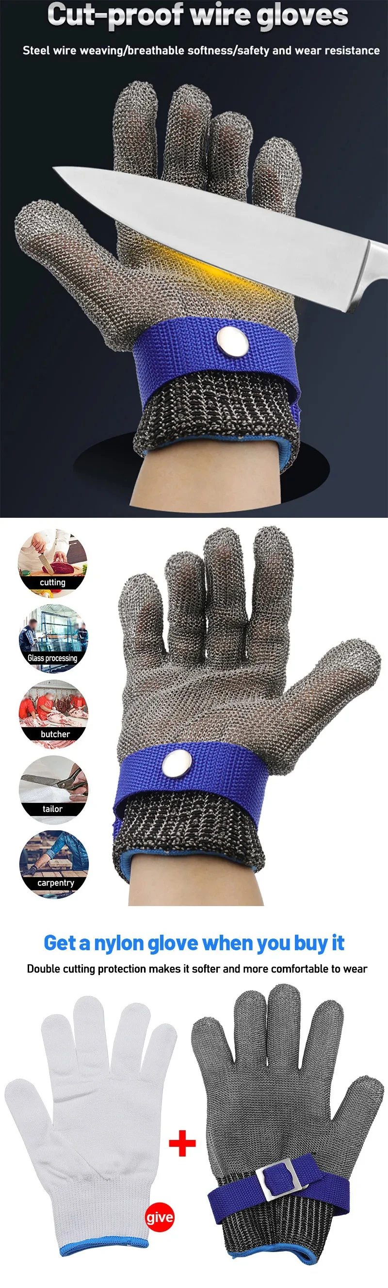 Stainless Steel Gloves Anti-cut Safety Cut Resistant Hand Protective Metal Meat Mesh Glove for Butcher Wire Knife Proof Stab
