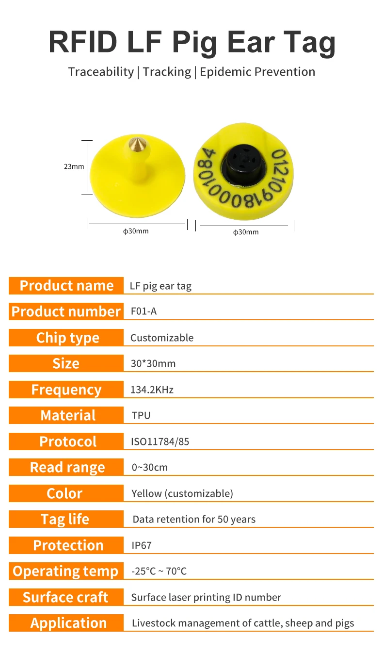 10pcs Pig Ear Tag 30mm Size Livestock Management UHF / LF RFID 860~960Mhz/ 134.2Khz Animal Ear Tags for Pig Farm