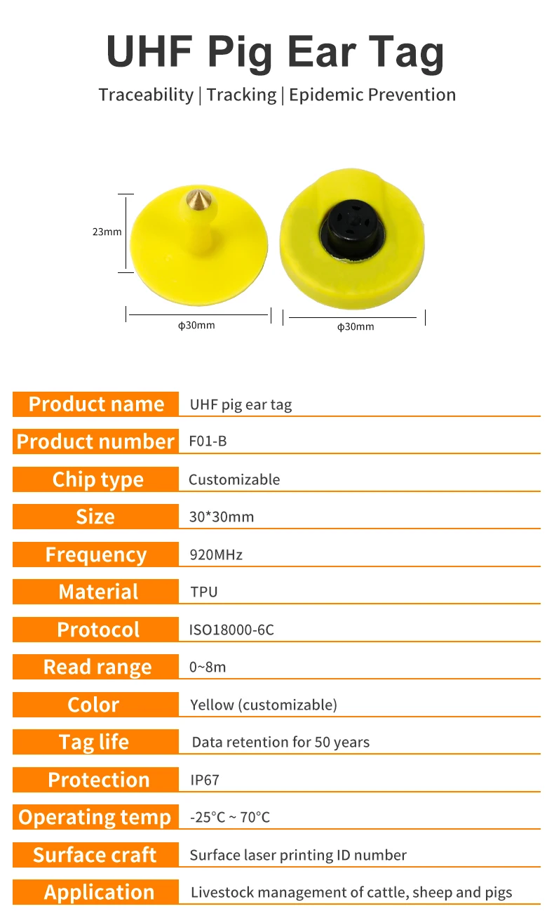 10pcs Pig Ear Tag 30mm Size Livestock Management UHF / LF RFID 860~960Mhz/ 134.2Khz Animal Ear Tags for Pig Farm