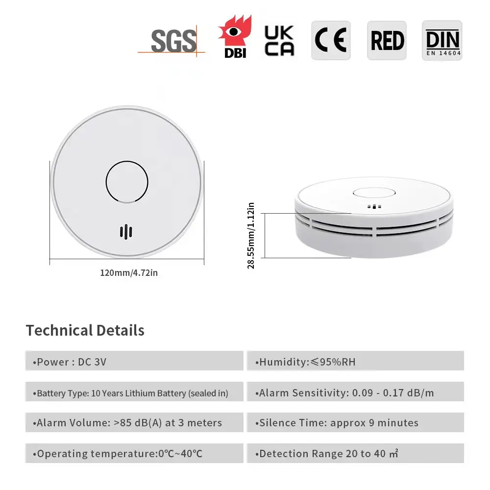 V-COME Standalone Smoke Detector with 10-Year Lithium Battery, Photoelectric Smoke Alarm, CE, UKCA, DIN EN 14604, VS02