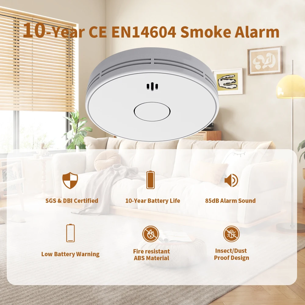 V-COME Standalone Smoke Detector with 10-Year Lithium Battery, Photoelectric Smoke Alarm, CE, UKCA, DIN EN 14604, VS02