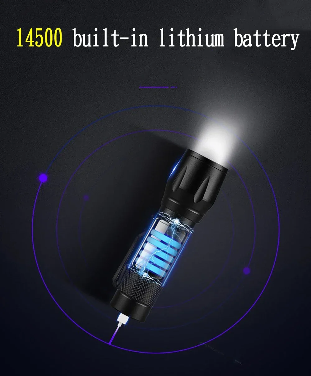 Mini LED Flashlight COB+XPE Portable Torch USB Charging Camping Lantern Zoomable Focus Light Tactical Flashlight with Pen Clip