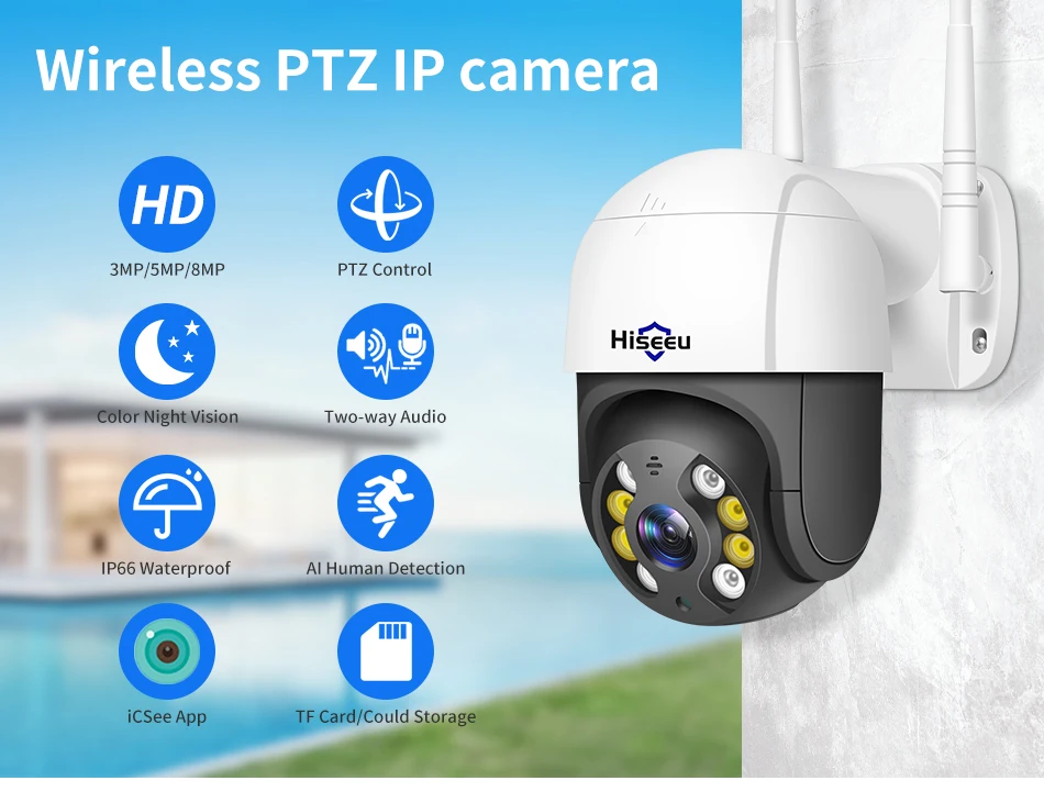 Hiseeu 8MP 4K PTZ Wifi Camera 5x Digital Zoom Ai Human Detect Auto Tracking ONVIF Wireless Outdoor Surveillance Camera ICSee App